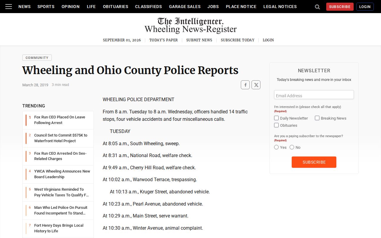 Ohio County police report source from The Intelligencer local crime news archive
